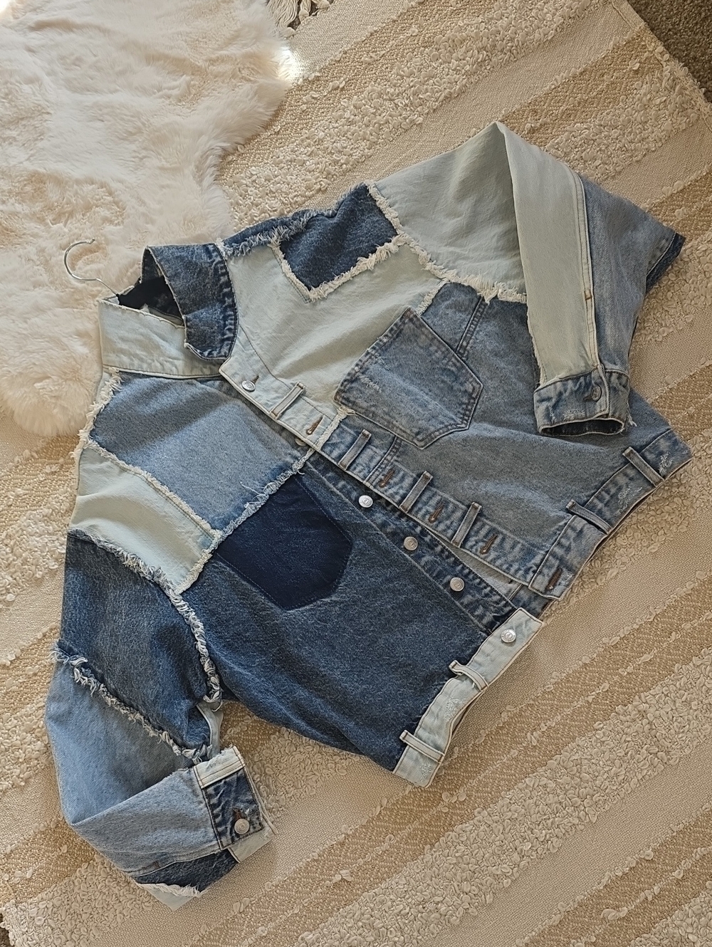 Raw Edge Patchwork 80s Style Bomber Denim Multi Color Blue S M L